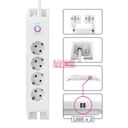 Table socket 4-way with switch, 2m